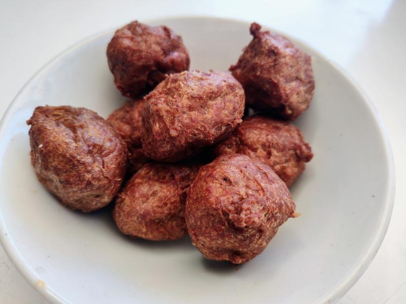 Beef balls after they were deep-fried, to turn them into "Swedish" meatballs